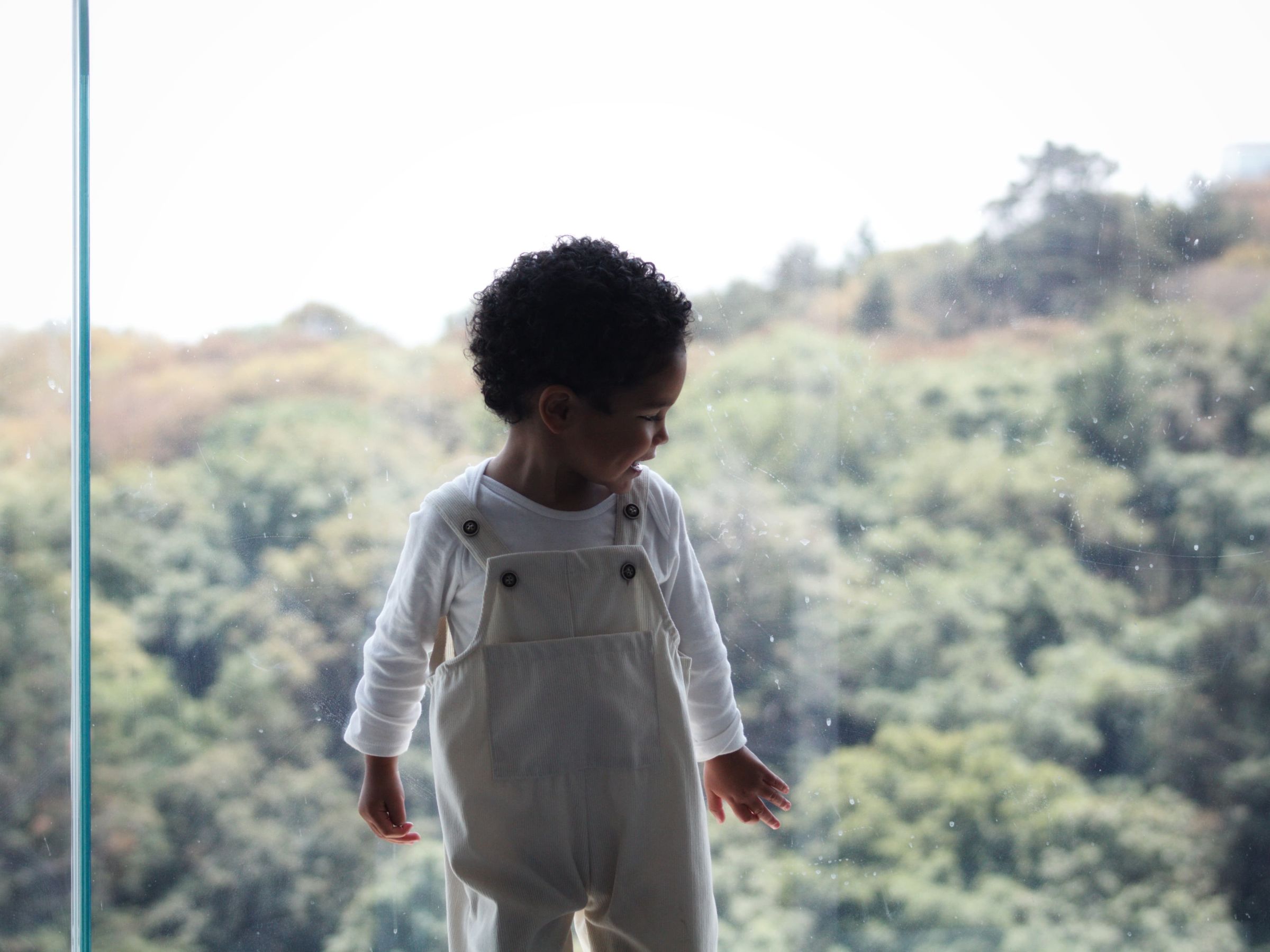 A small child in white overalls looking out over green hills